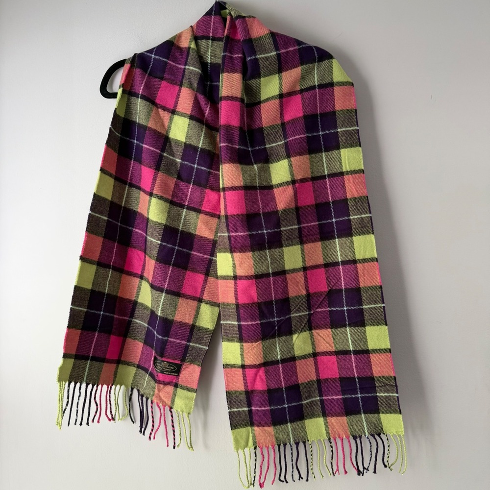 Cashmere Scarf Unisex OS Purple Pink Neon Plaid Excellent Made in Germany